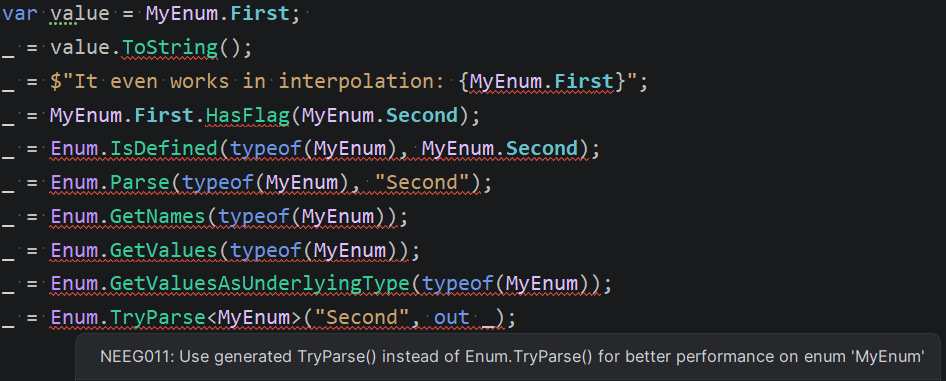 Demonstrating the Roslyn errors shown for using the non-generated methods