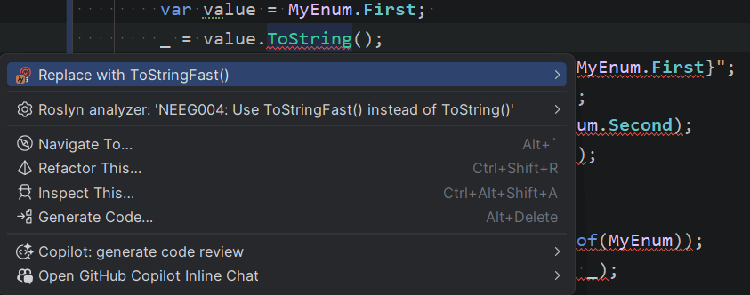 Demonstrating the code-fix option available in your IDE for each of the analyzers